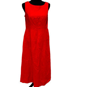 Red Linen Blend Midi A line open back tie dress sz 10 petite coastal old‎ money